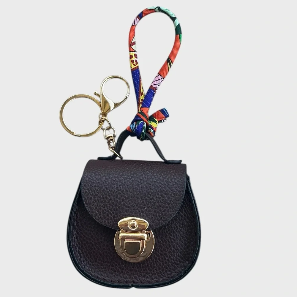 Mini Purse Charm Keychain Brown Faux Leather AirPods Case Bag Charm